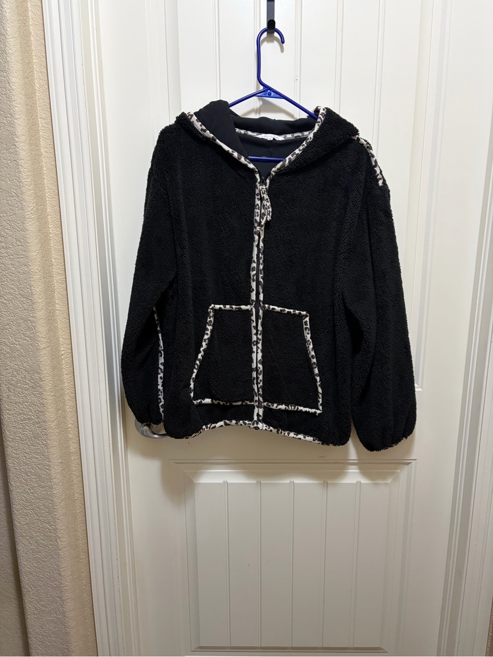 Kids Black Sherpa Zip-Up Hoodie with Leopard Trim